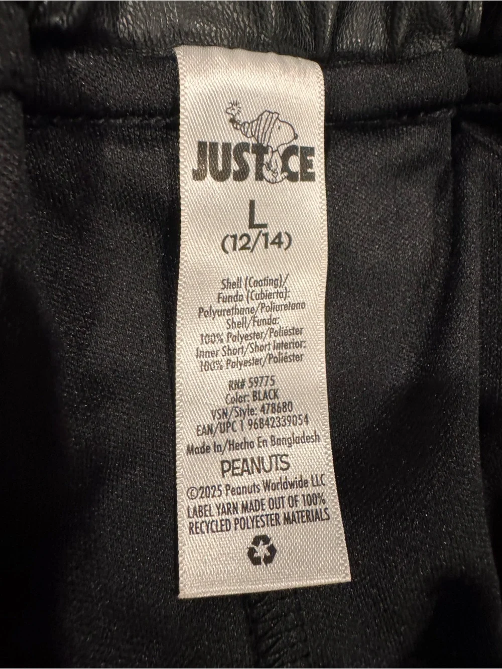 Justice Brand Peanuts Black Faux Leather Pleated Skort - size girls 12-14
